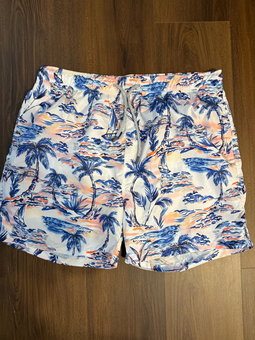 Men’s Palm-Print Elastic Waist Shorts in White and Blue